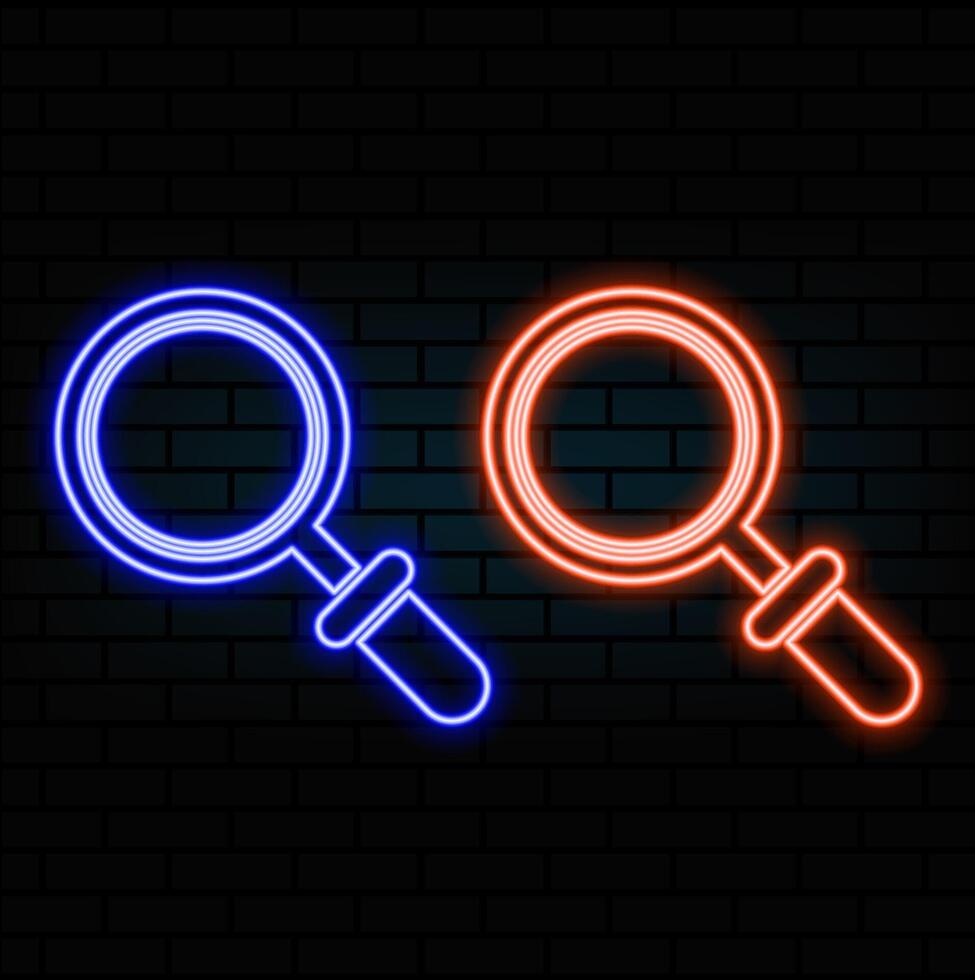Magnifying Glass Icon Neon Light in many colors.Magnifying glass icon with glowing neon line isolated on black background. Zoom, search, and business symbol..orange vector