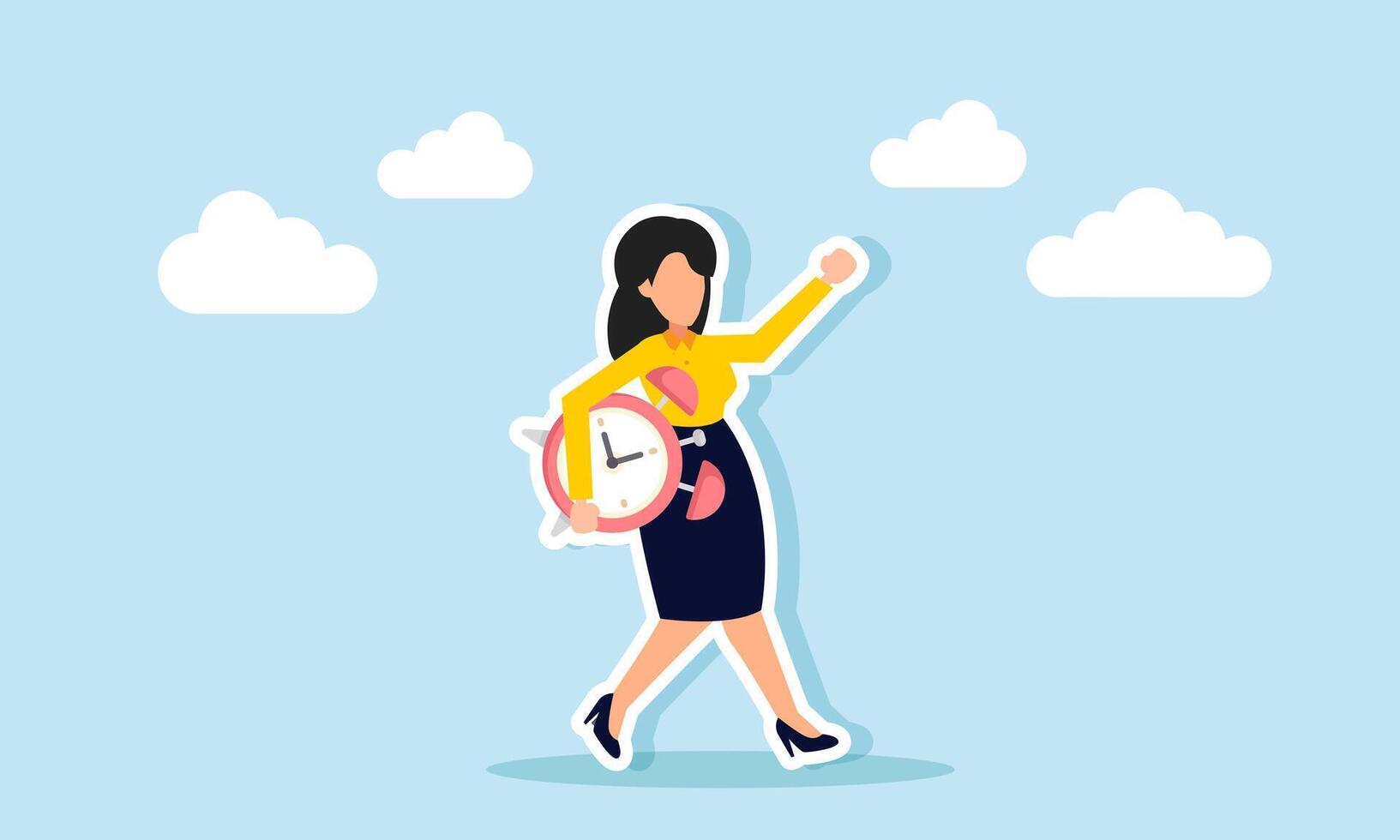A businesswoman walks carrying an alarm clock, illustrating on-time business project completion vector