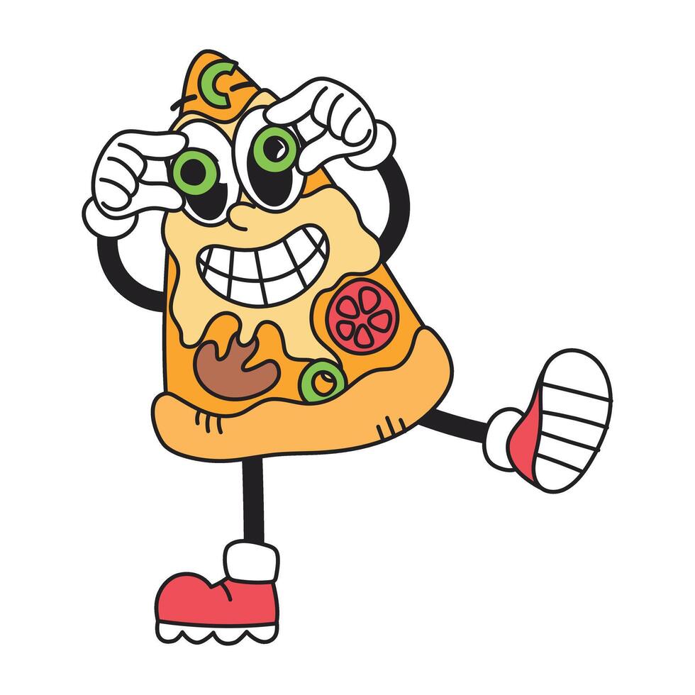 Groovy retro character slice pizza. Junk food, fast food. Isolated illustration vector