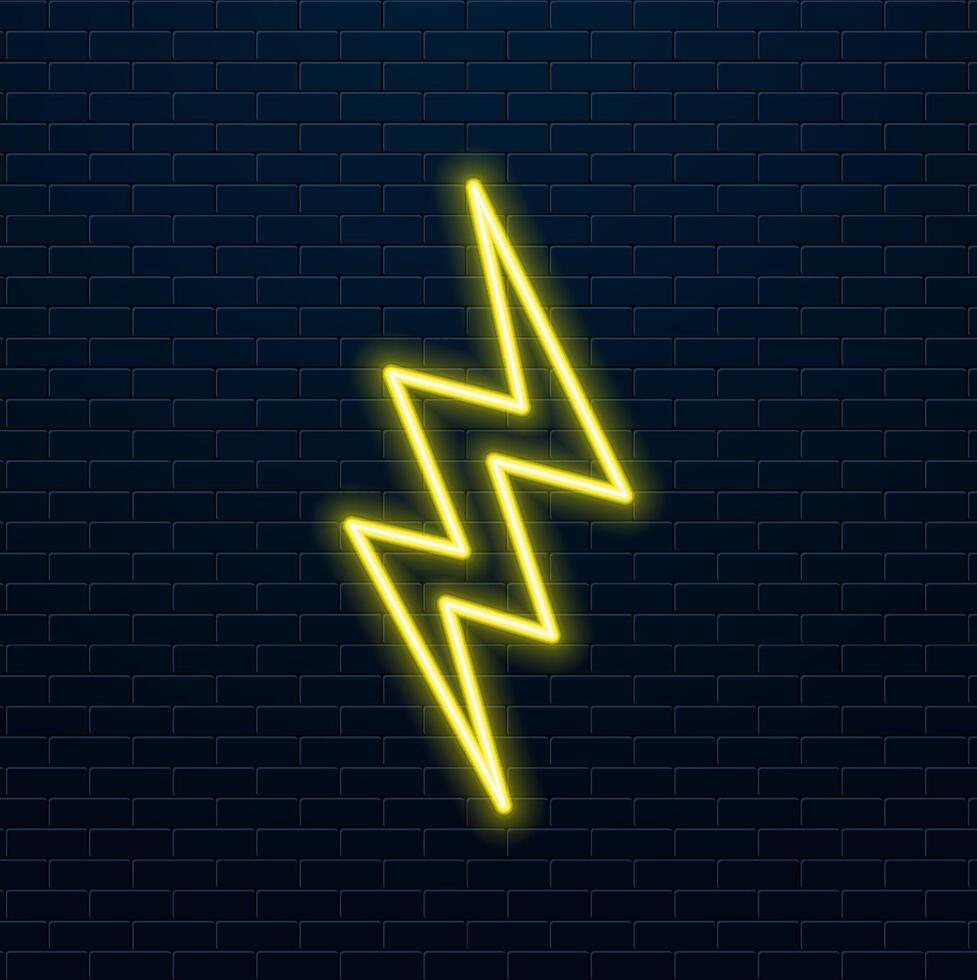 Neon sign on a brick wall. Glowing lightning charge icon. Abstract background, spectrum vibrant colors. 3d render illustration. vector