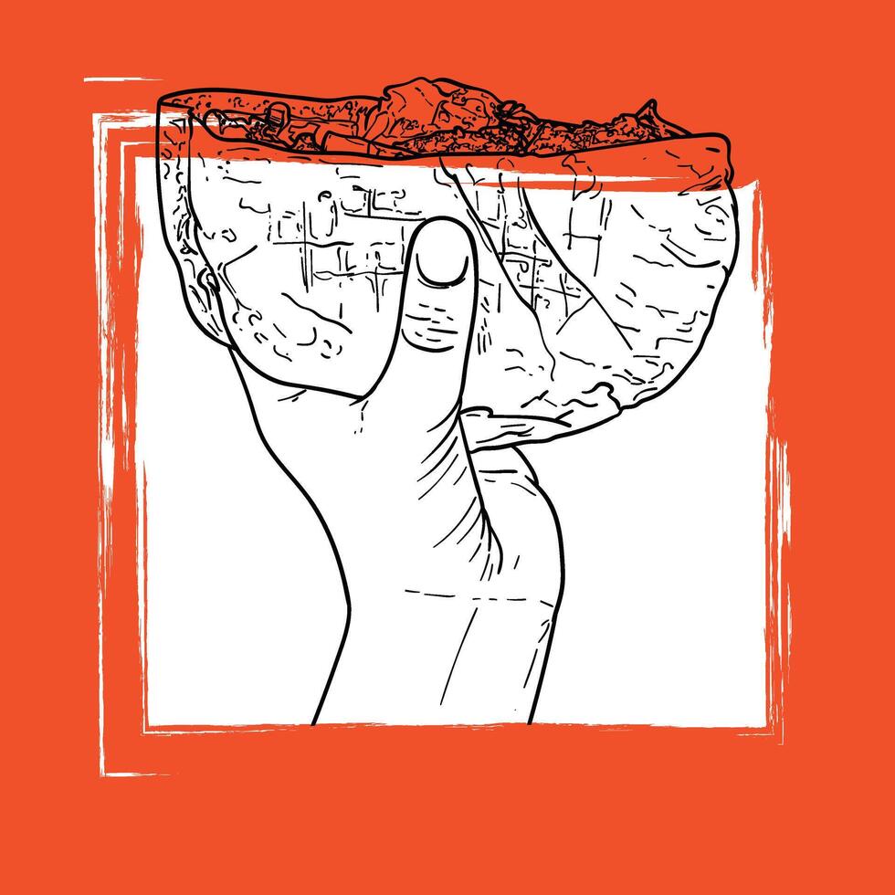 Hand drawn outline kepab in hand. Yummy food with healthy ingredients such as tomato, cucumber, meat, bread. Outline easy to adapt and use in print and online designs. vector