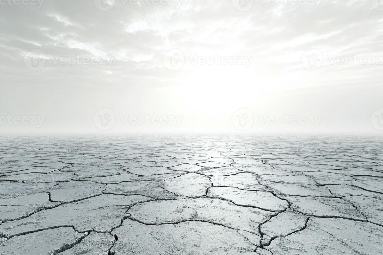 Barren Cracked Dry Earth with Bright Overcast Sky Symbolizing Drought and Climate Change Impact photo