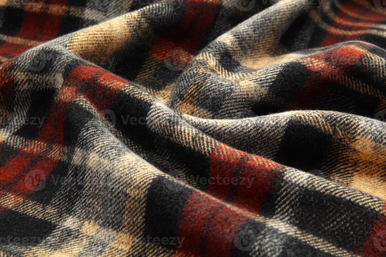 Closeup of Soft Cozy Woven Plaid Fabric in Red Black Beige Checkered Pattern Textile Background photo