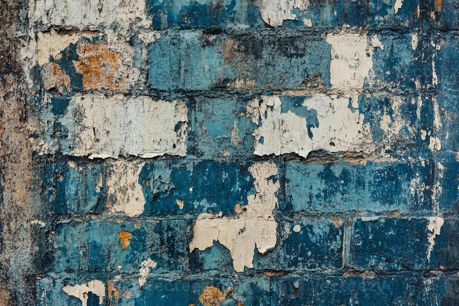 Aged Cracked Blue Brick Wall with Peeling Paint Texture and Weathered Grunge Effect for Background Design photo