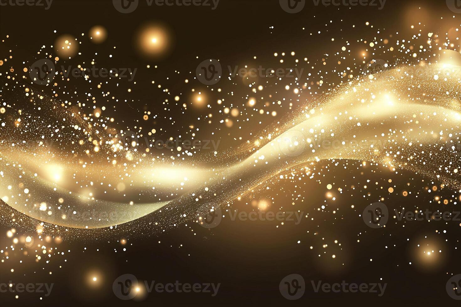 Golden Glittering Wave With Sparkling Light Particles On Abstract Dark Background For Celebrations photo