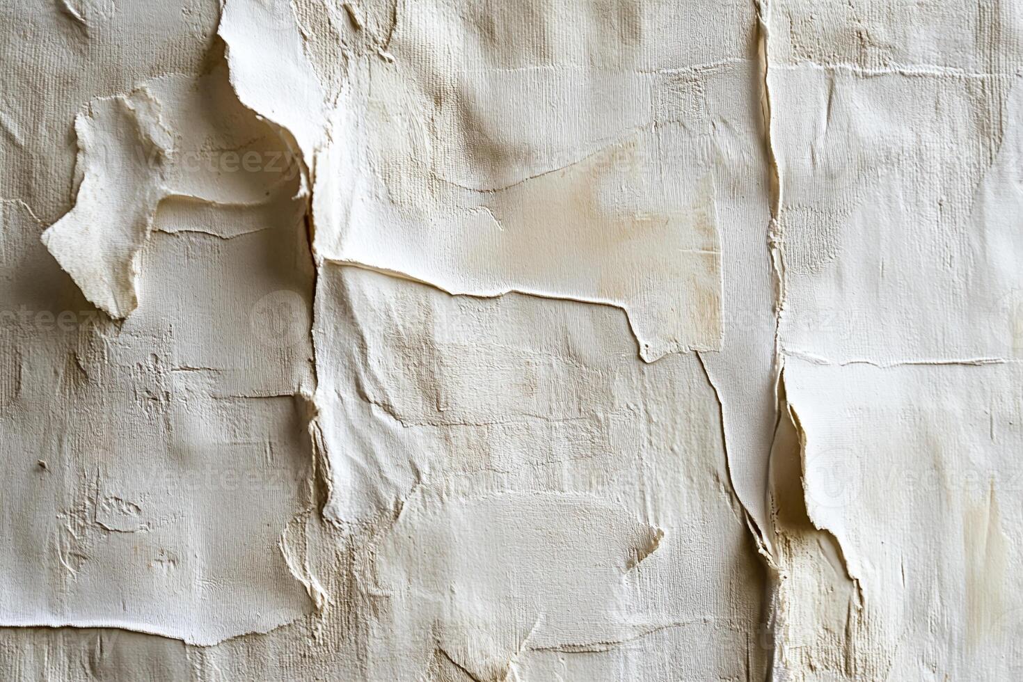 Textured White Cracked Wall Surface with Peeling Layers and Beige Highlights for Artistic Backgrounds photo