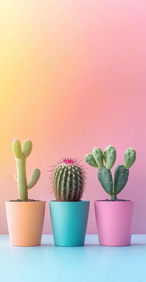 Three Vibrant Cactus Plants in Minimalist Pots on Gradient Colorful Background for Modern Decor photo