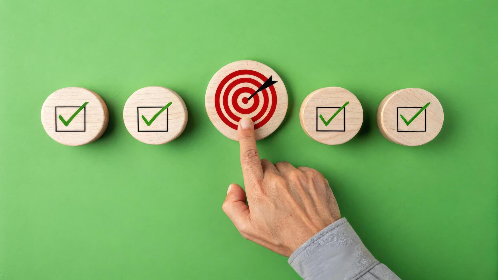Hand pointing at red bullseye target among wooden checkmark blocks on green background, representing focus, goal setting, and achievement photo