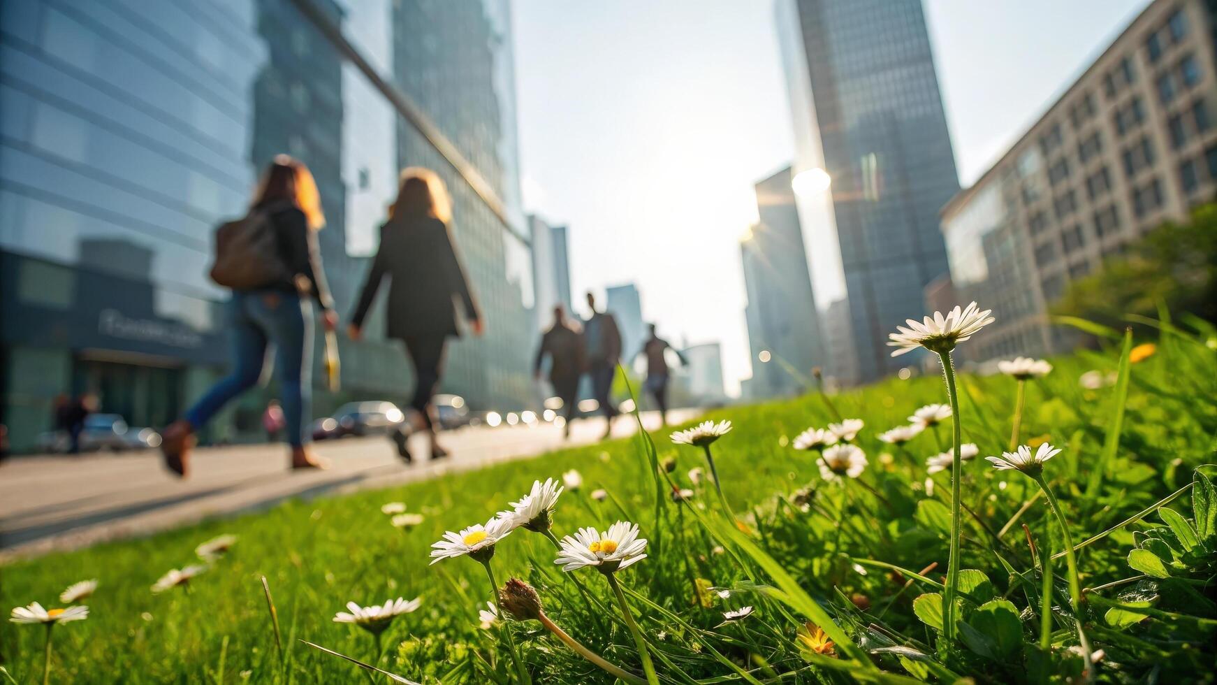 Modern Urban City Scene with Pedestrians, Green Grass, and Flowers photo