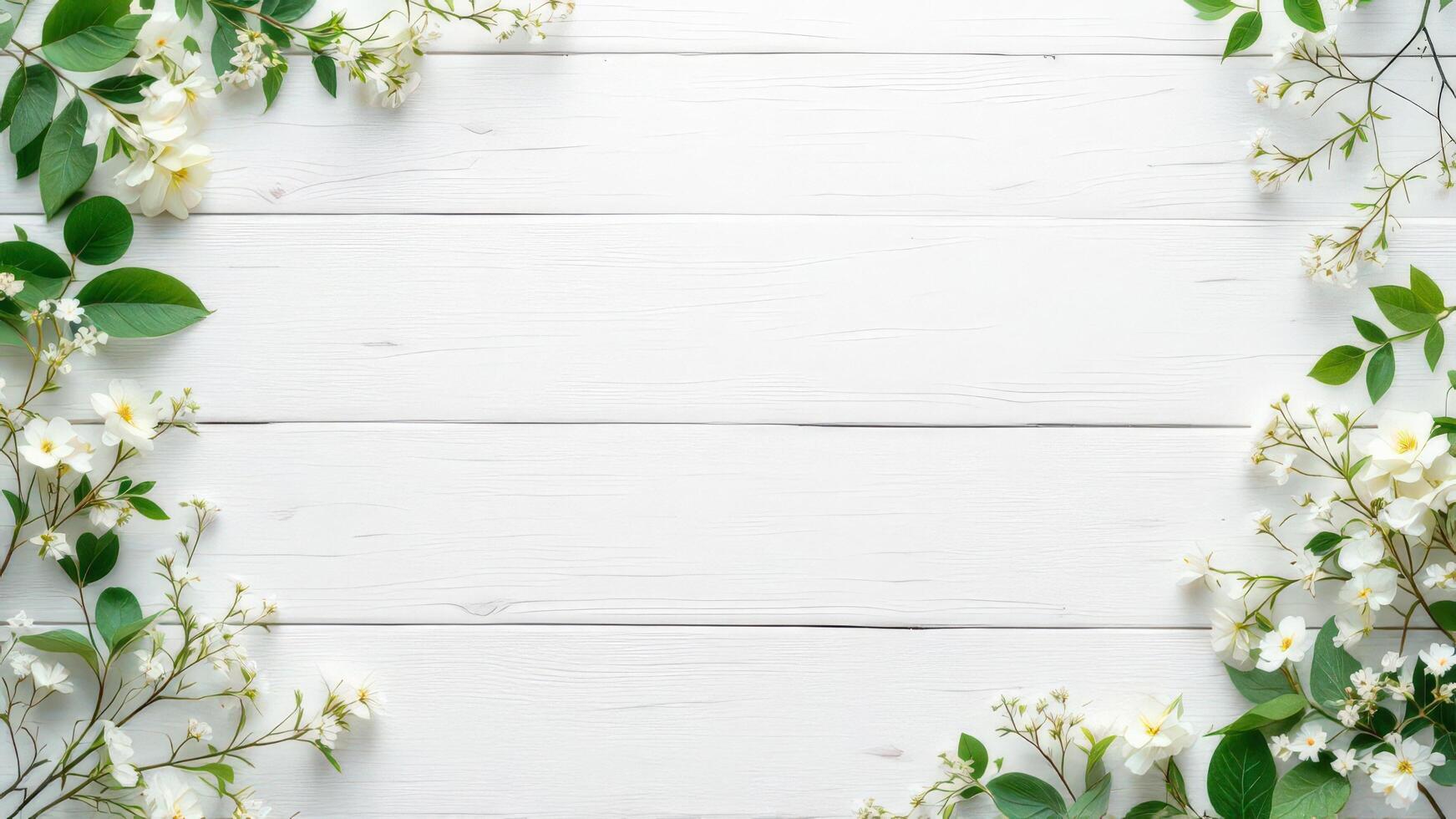 White Wooden Background with Delicate White Flowers and Green Leaves Border photo