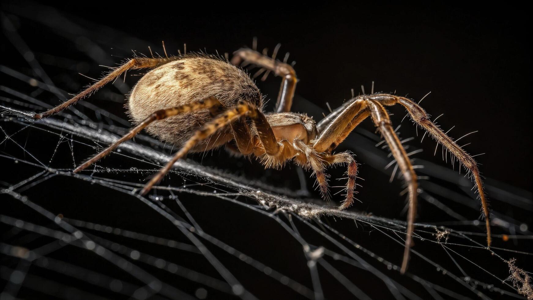 Close-Up Action of a Spider on Its Web, Nature Photography, Dark Background, Macro Viewpoint, Intricate Details photo