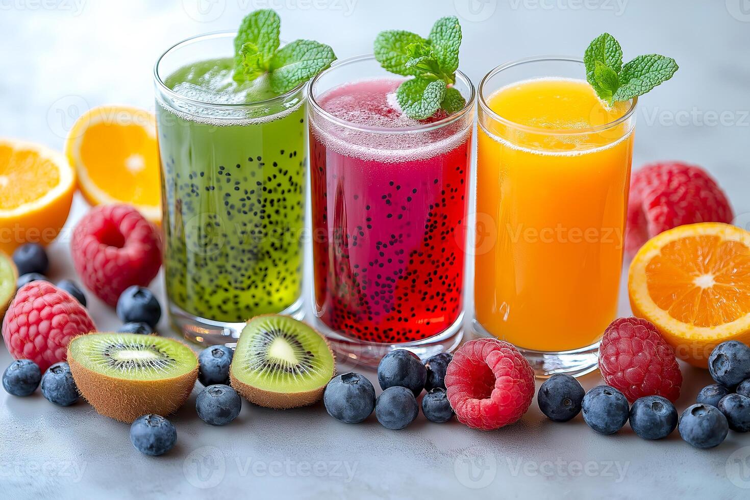 Selection of colorful fruit juices with fresh fruits displayed on a table. Brightly colored array of fruit juices are arranged in glasses alongside an assortment of fresh fruits and berries photo