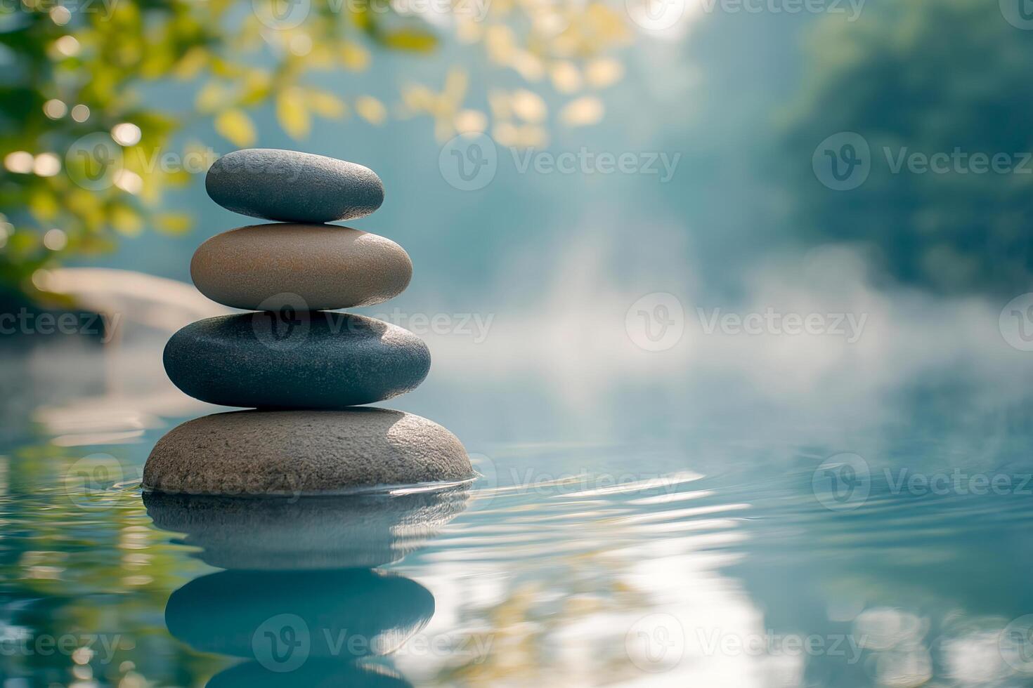Stacked spa stones create a serene focal point in calm waters during peaceful morning. Balancing spa stones atop each other in tranquil steaming water, reflecting a calm landscape of greenery photo