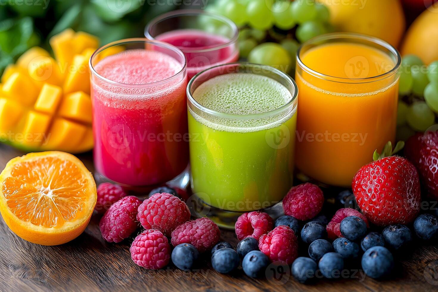 Vibrant assortment of fresh fruit juices with colorful fruits, perfect for a refreshing drink selection. Array of fruit juices in glass cups is surrounded by fresh mango, berries, and oranges photo