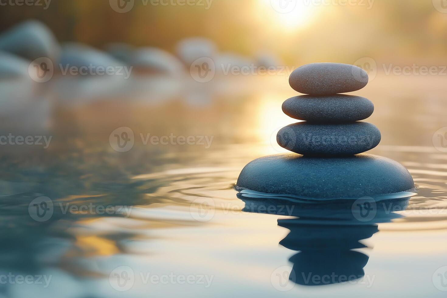 Smooth spa stones on calm water during sunset enhancing relaxation and tranquility in a serene setting. Balancing spa stones are stacked on still water, reflecting the warm glow of the sunset photo