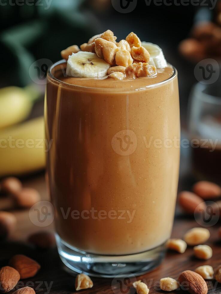 Creamy banana smoothie topped with nuts and bananas, refreshing drink for any time of the year. glass filled with a creamy peanut butter banana smoothie topped with sliced bananas and chopped nuts photo