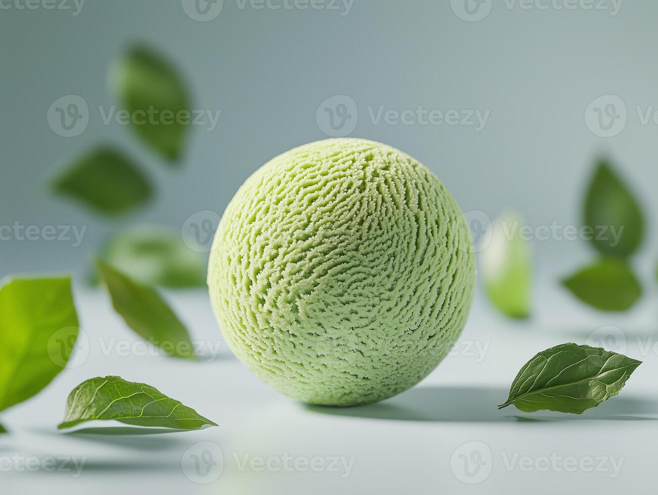 Delicate matcha dessert presented with fresh leaves and soft textures in a serene setting. round matcha dessert sits gracefully on a smooth surface, surrounded by green leaves, matcha ice cream scoop photo