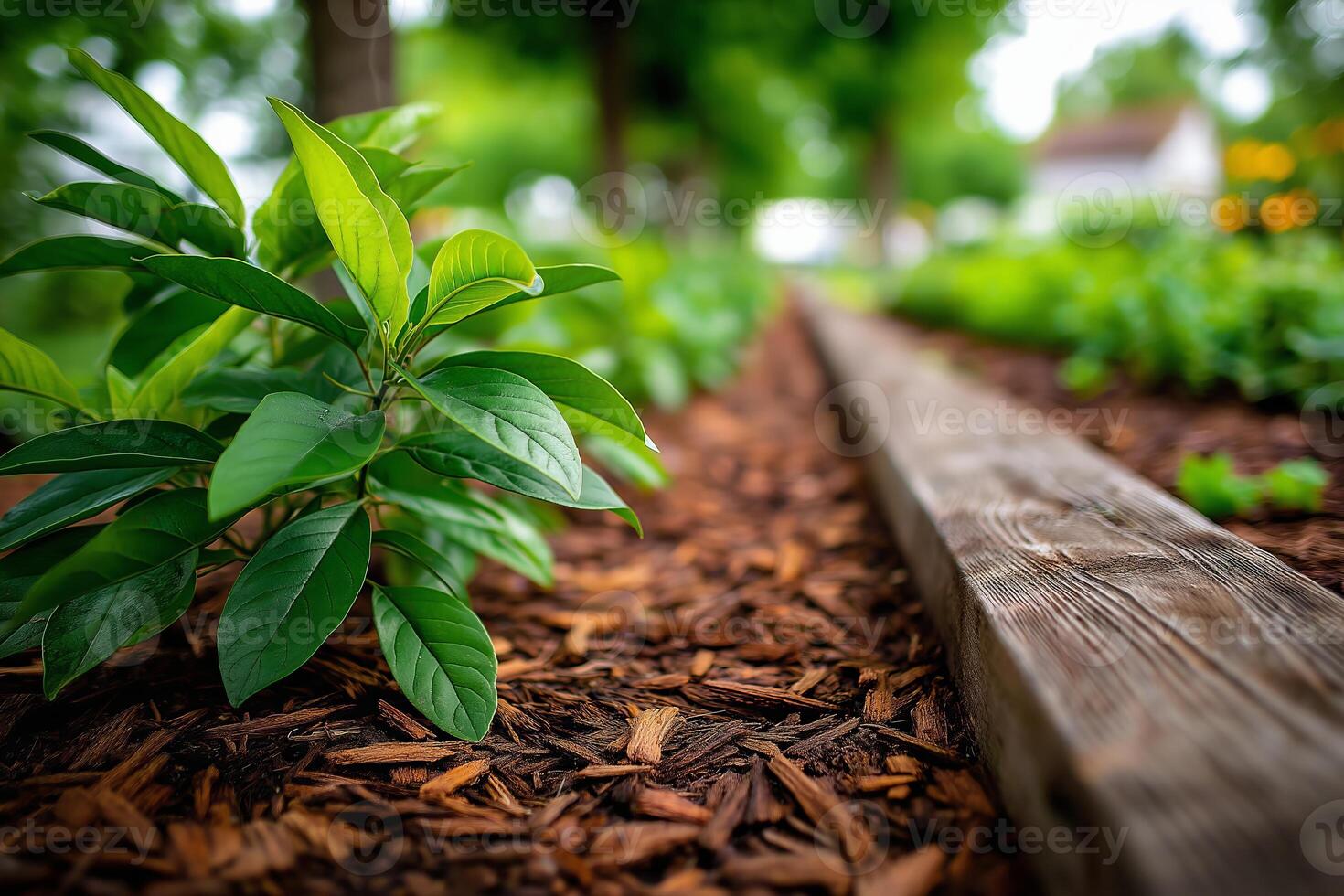 Close-up view of fresh green plants growing alongside a wooden path in a well-tended garden during a sunny day. Permaculture garden with companion planting, natural mulch, and organic vegetable beds photo