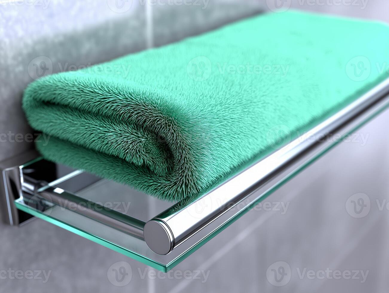 Modern bathroom shelf featuring glass and ceramic containers with a soft green towel showcasing style and functionality in a contemporary setting photo