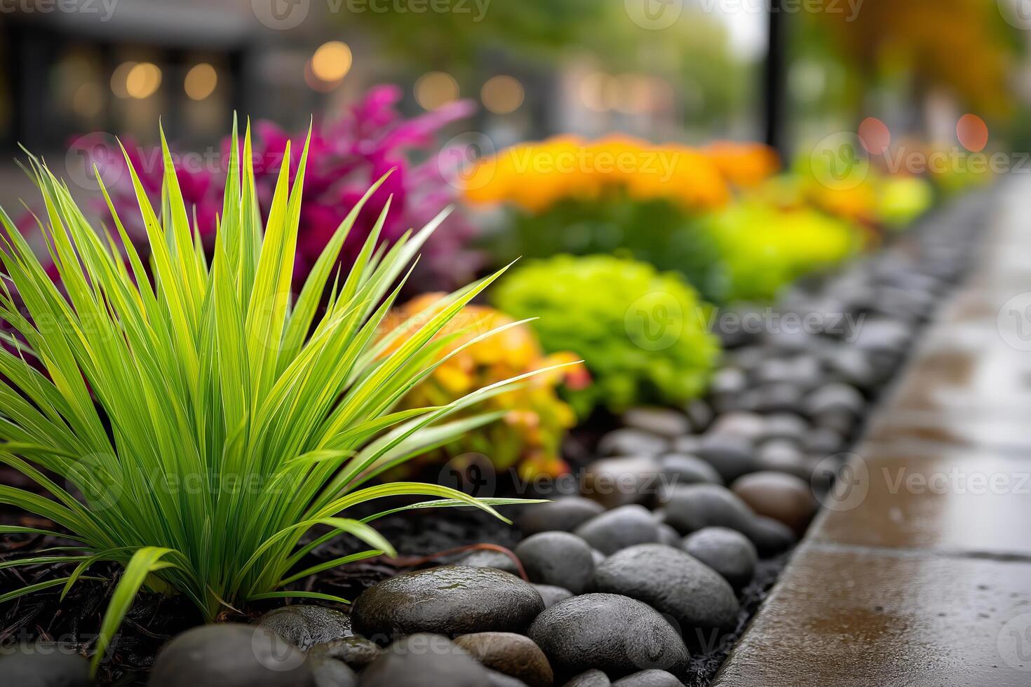 Rain garden with water absorbing plants and eco-friendly drainage system. Vibrant garden design display with colorful flowers and lush greenery beside a wet sidewalk during a rainy day in a city park photo