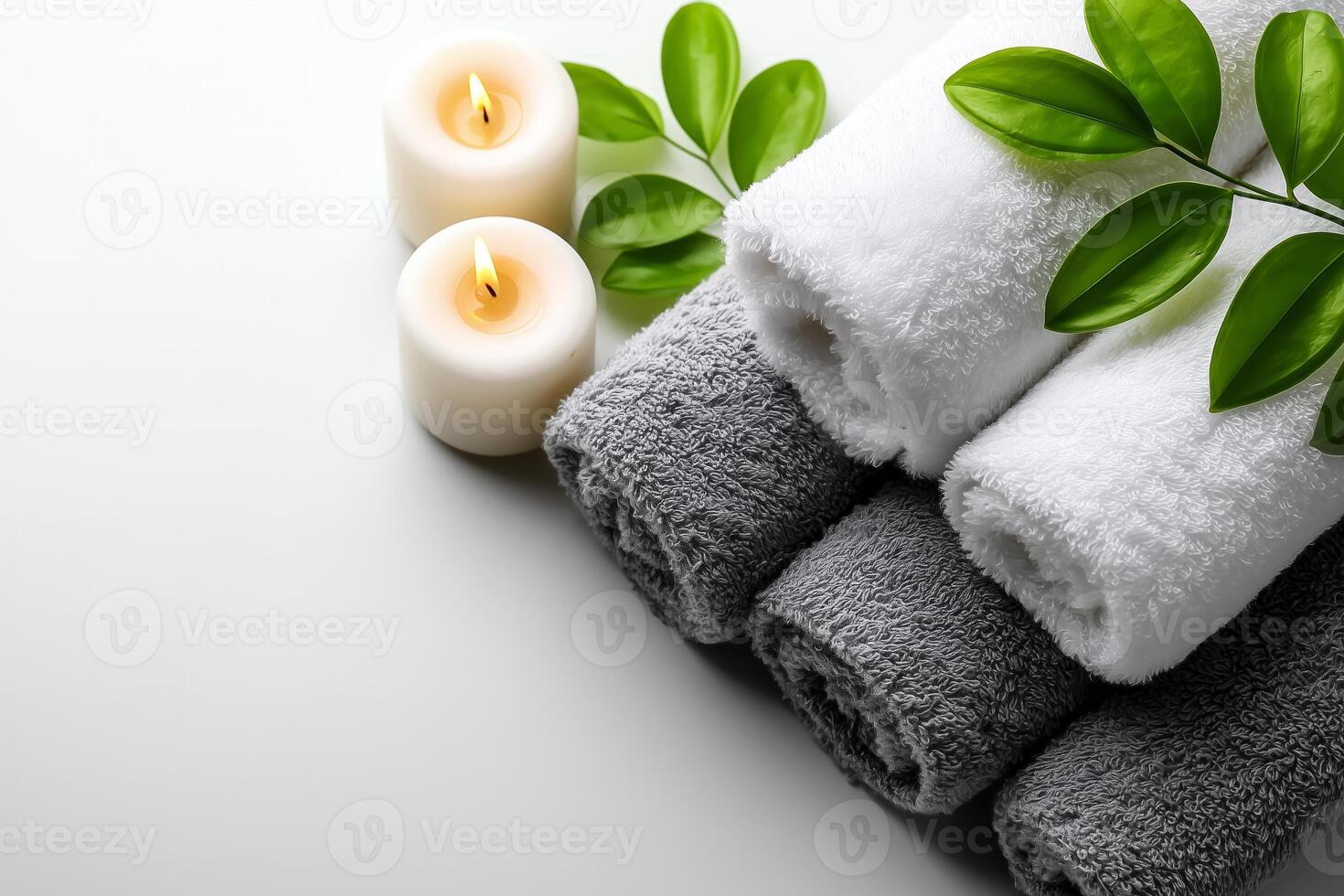 Spa inspired flat lay featuring rolled towels, candles, and fresh green leaves for a tranquil atmosphere. Soft rolled towels, flickering candles and vibrant green leaves create spa inspired flat lay photo