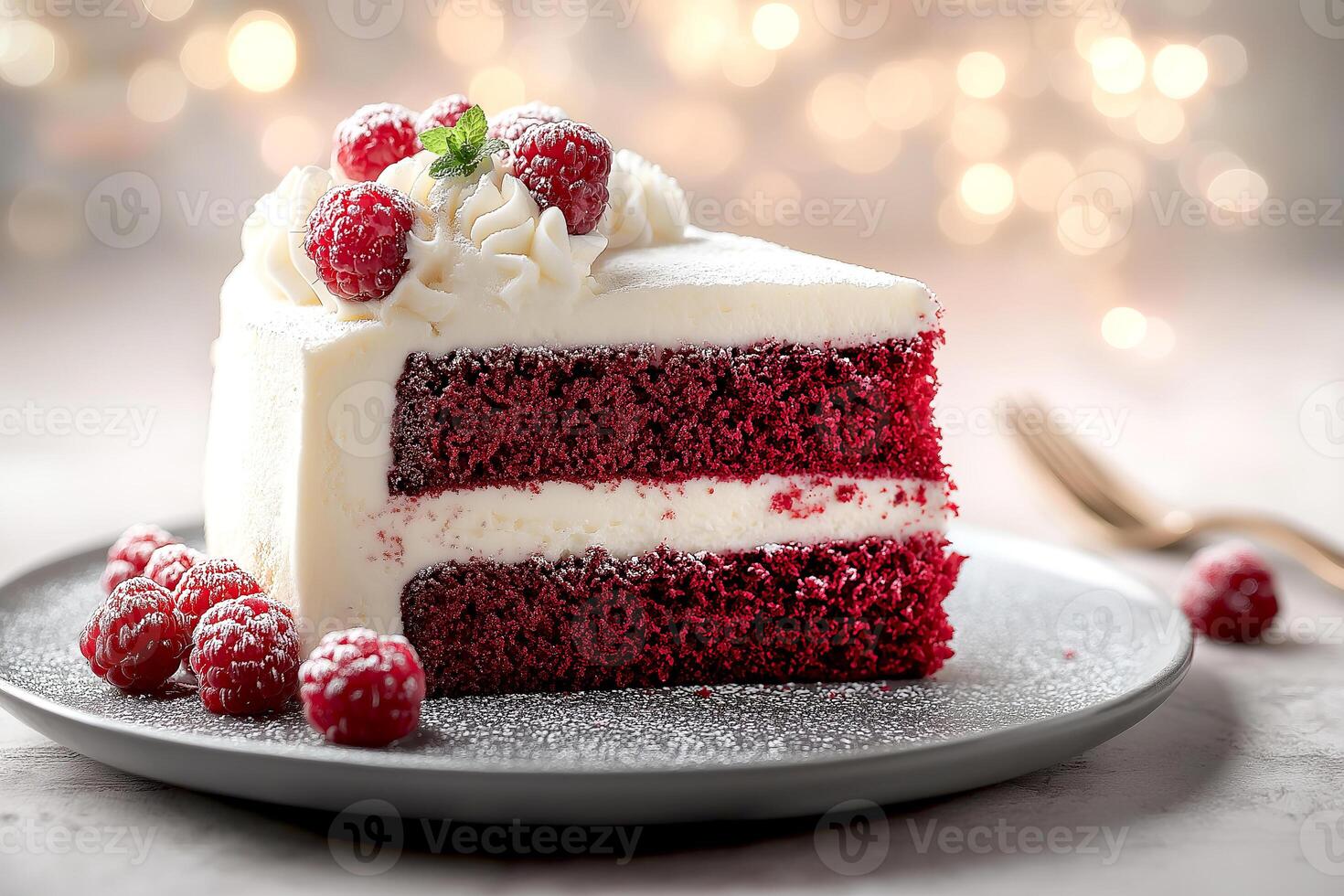 Delicious red velvet cake with cream cheese frosting and fresh raspberries displayed on a stylish plate. Slice of rich red velvet cake topped with fluffy cream cheese icing and fresh raspberries photo