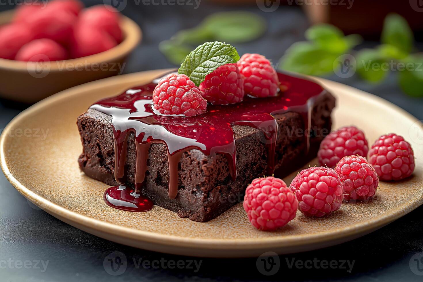 Delicious chocolate brownie topped with raspberry sauce and fresh raspberries on a golden plate. Chocolate brownie drizzled with raspberry sauce sits on a golden plate surrounded by fresh raspberries photo