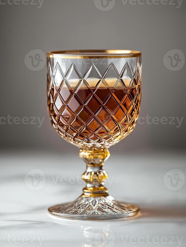Elegant crystal glass filled with rich brown liquid on a marble surface in soft lighting. Crystal glass filled with cognac on a smooth marble surface, showcasing a rich brown liquid, luxurious feel photo