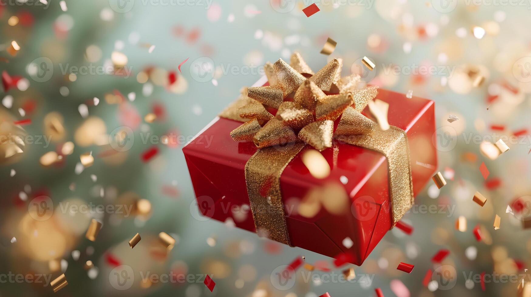 Colorful gift box surrounded by festive confetti in a cheerful holiday setting. red gift box with a shiny gold bow is suspended in the air for birthday celebration, sale, Christmas holiday gifting photo