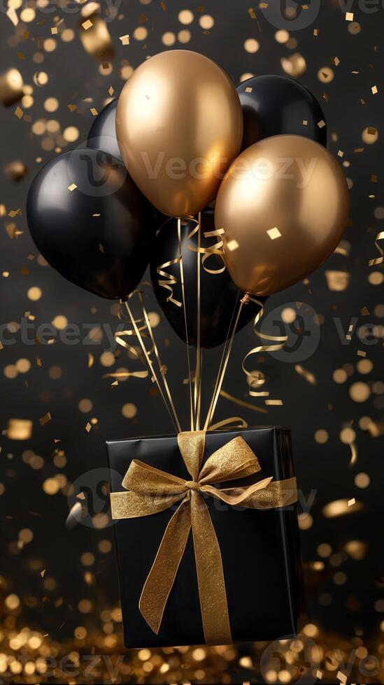 Celebration with black and gold balloons above gift box amidst falling confetti in festive atmosphere. stylish gift box with golden bow stands surrounded by black and gold balloons. Black Friday, sale photo