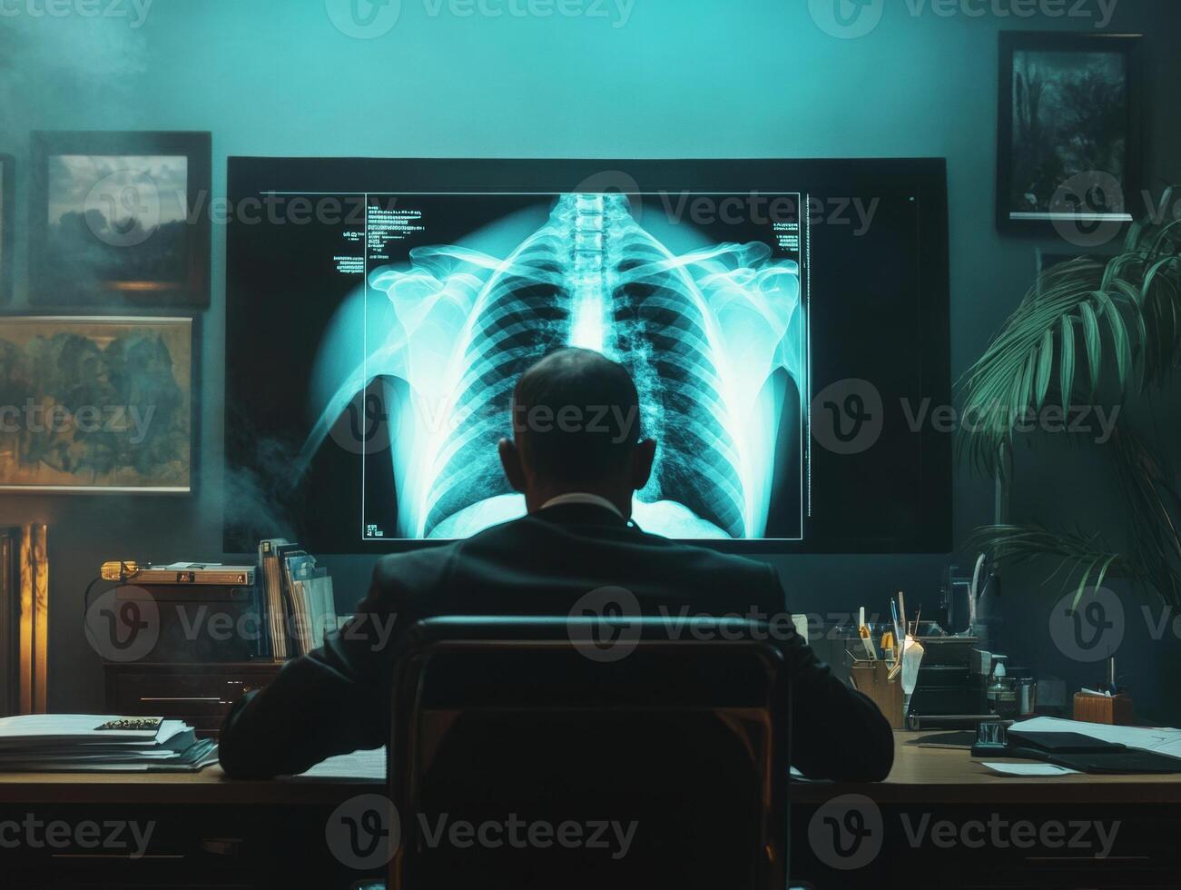 Doctor analyzing an x-ray in a dimly lit office environment photo