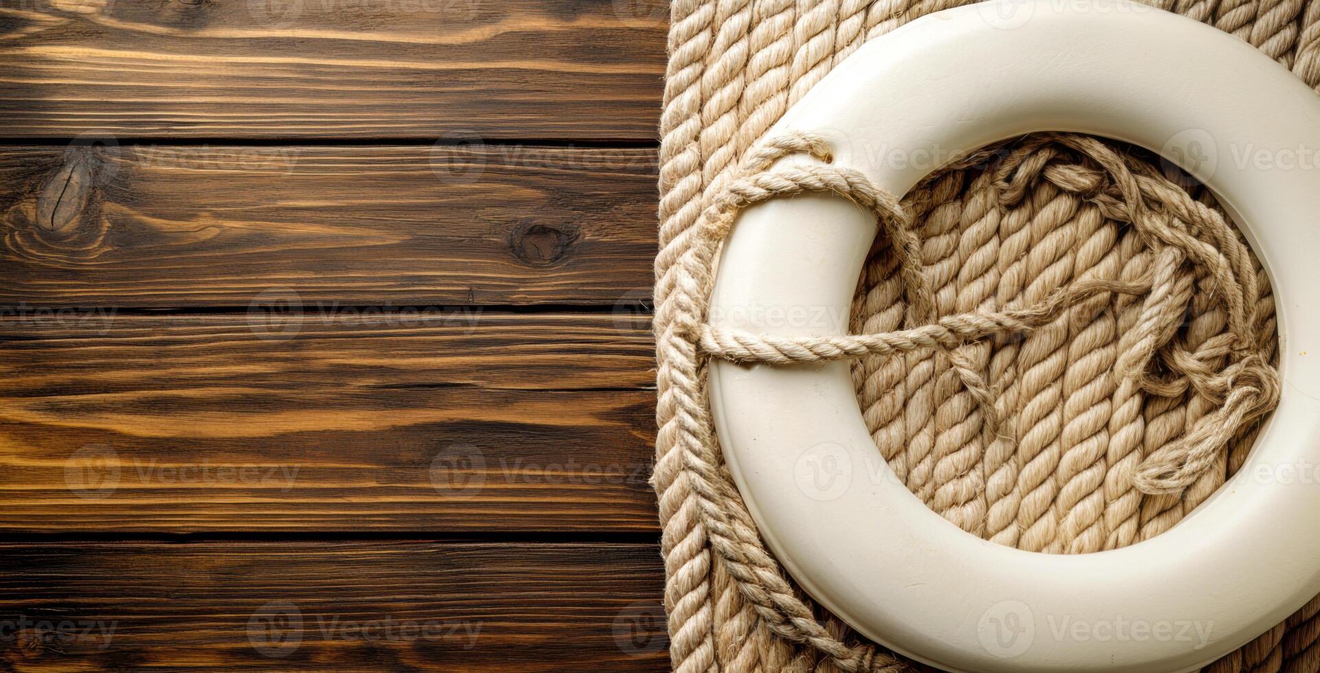 Lifebuoy resting on a rustic wooden surface during a sunny day photo