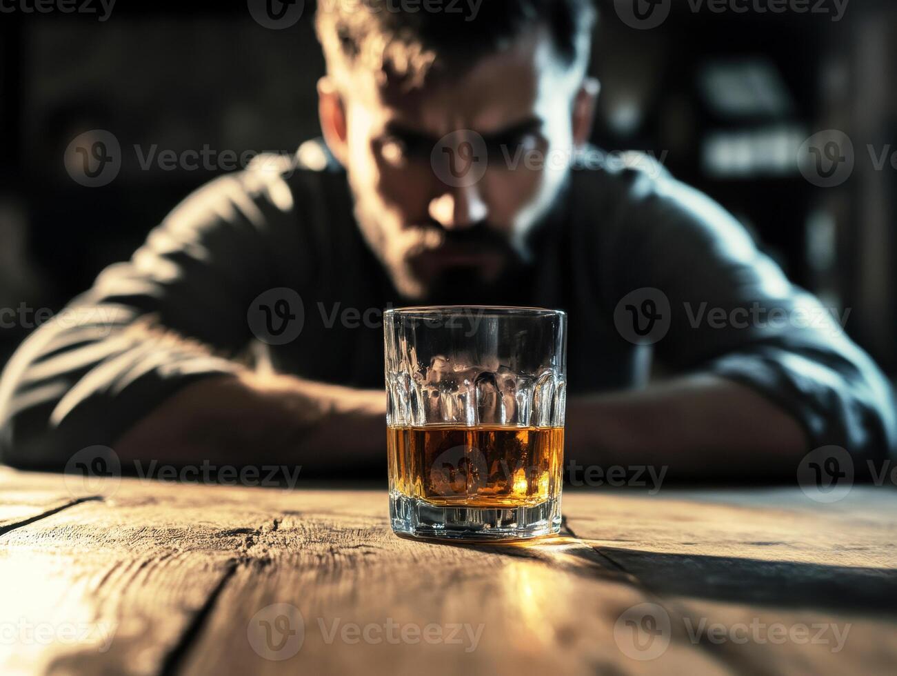 Man reflecting on life with whiskey in a dimly lit room photo