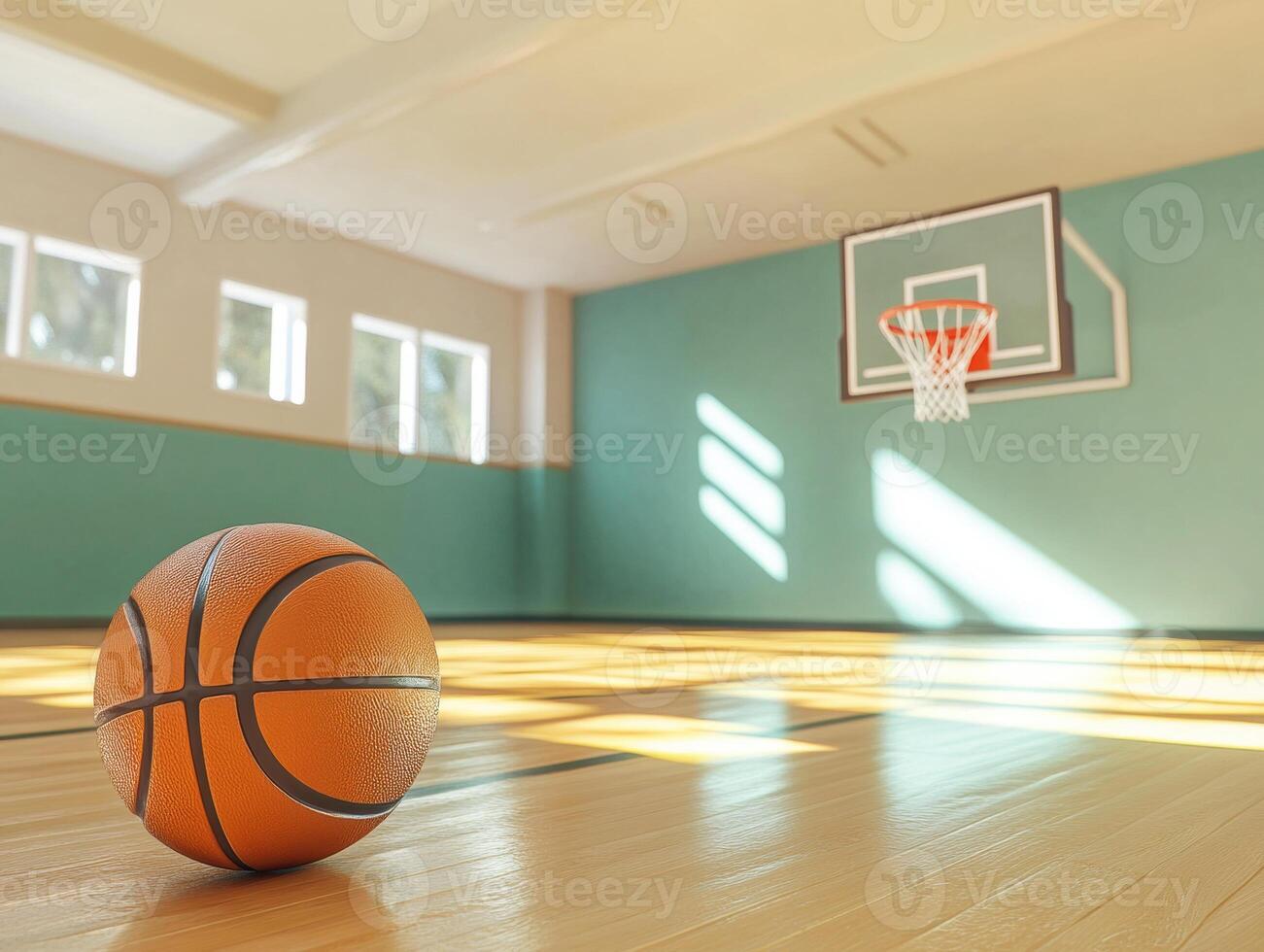Basketball sits on court floor in bright gym with natural light photo