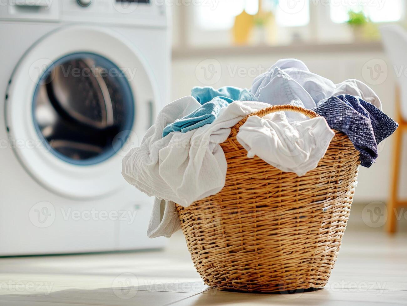 Laundry basket filled with clean clothes beside washing machine photo