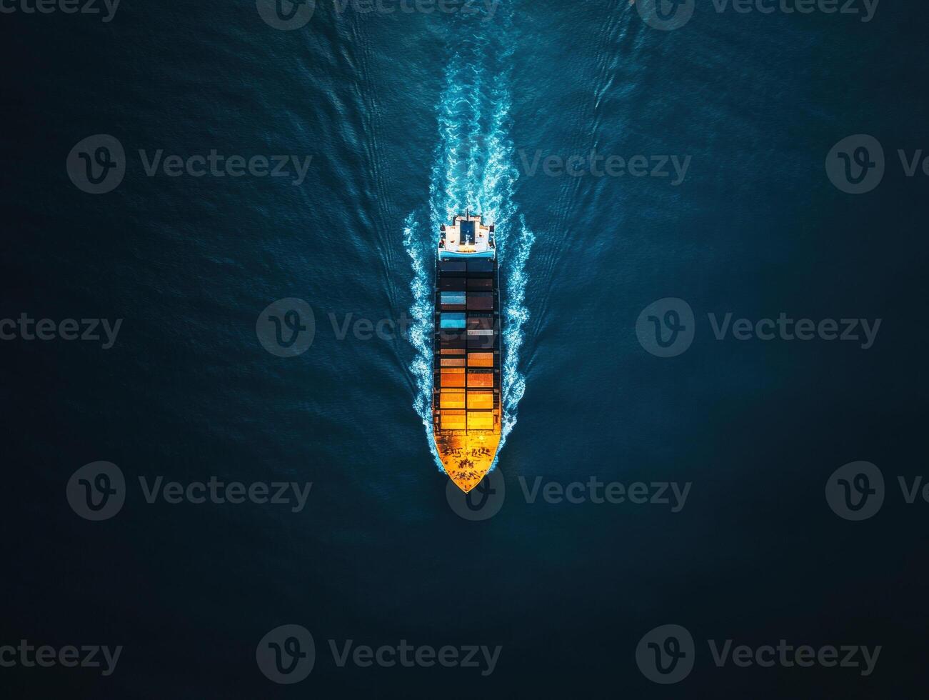 Large cargo ship navigating through calm ocean waters at sunset photo