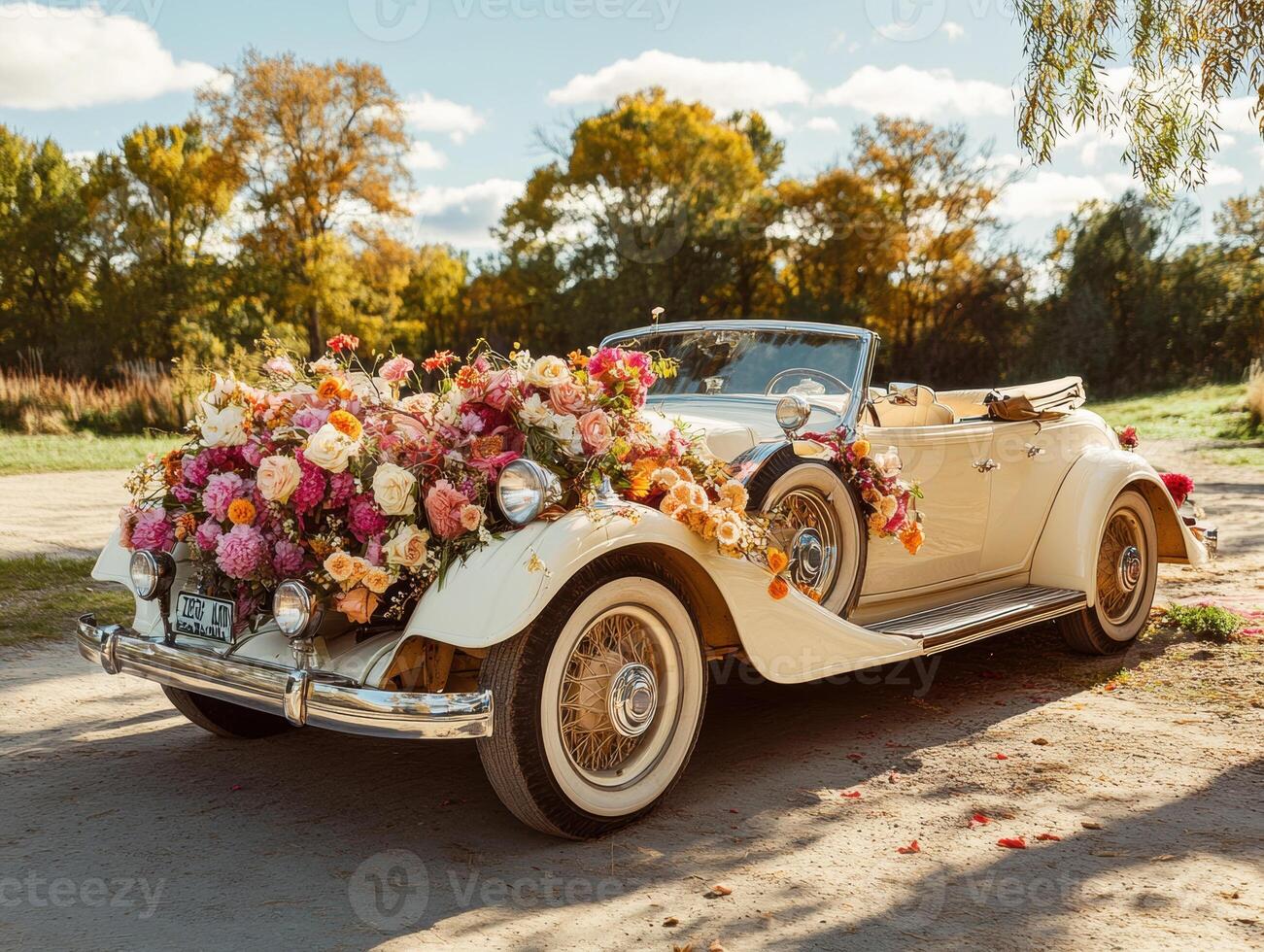 Vintage convertible decorated with flowers in autumn setting photo