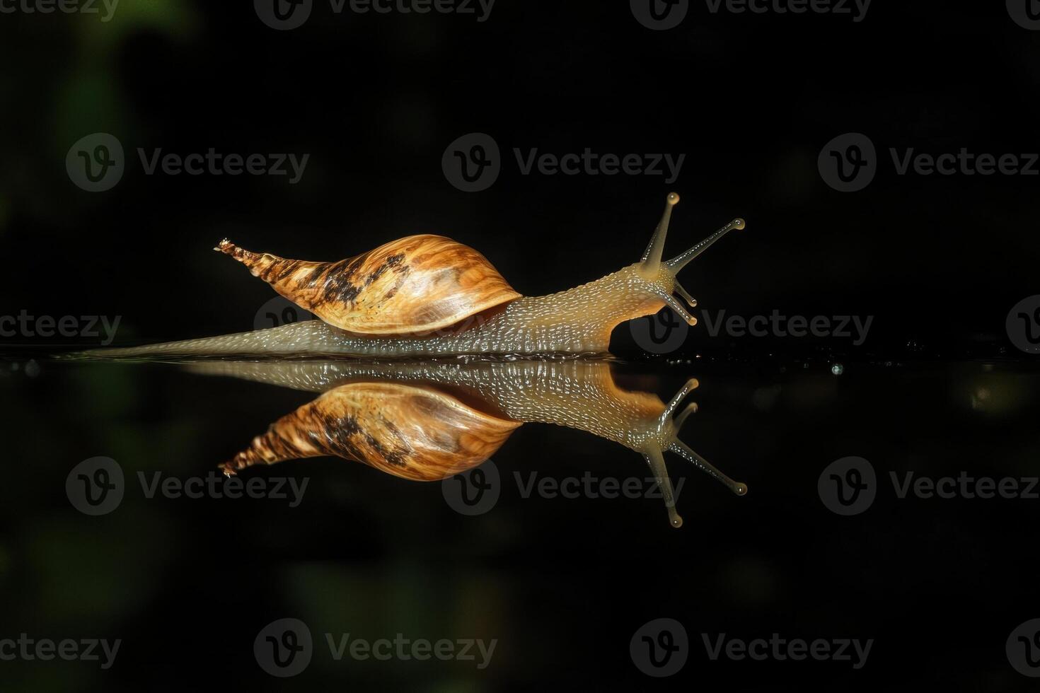 Snail gliding on a reflective surface in natural light setting photo