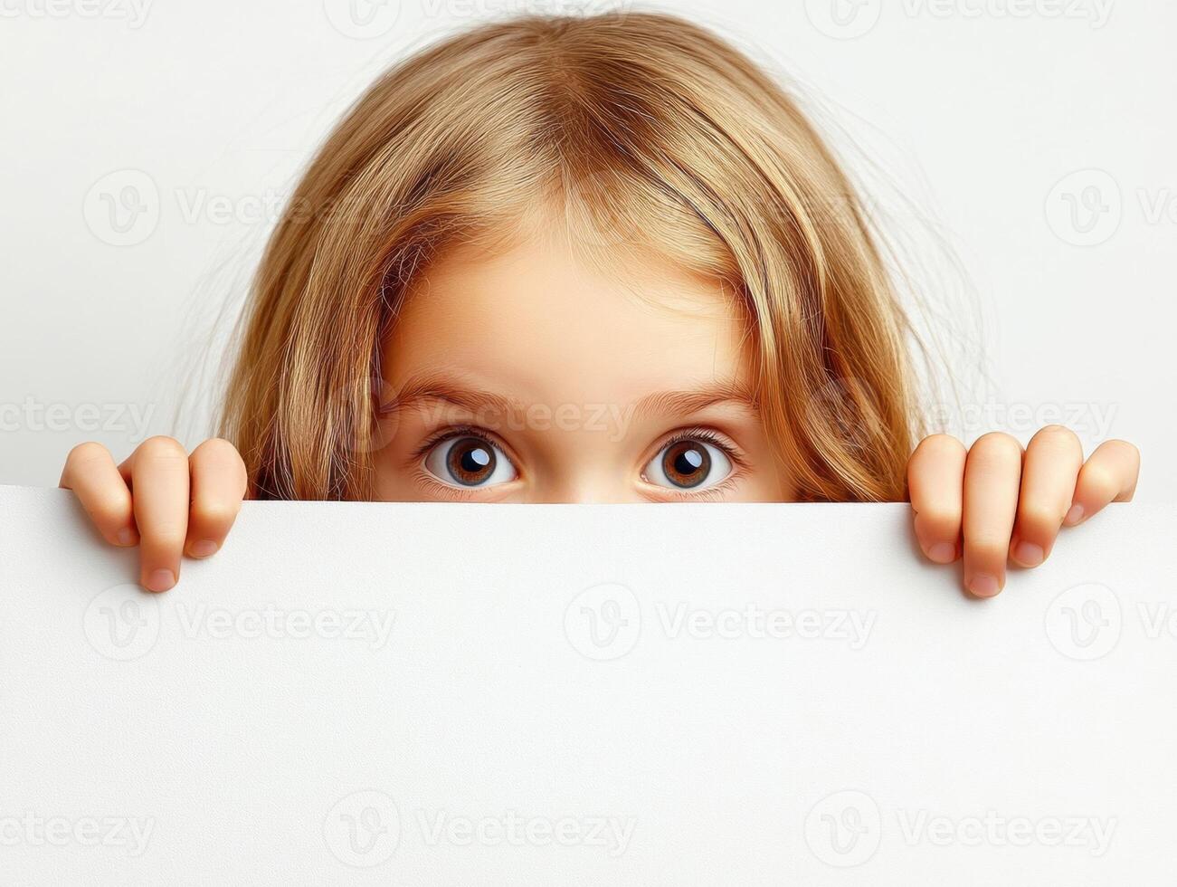Child peeking over blank paper with curious expression photo