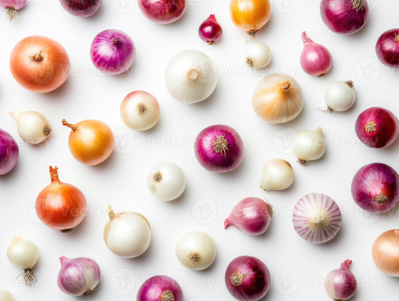 Colorful assortment of onions displayed on a white surface photo