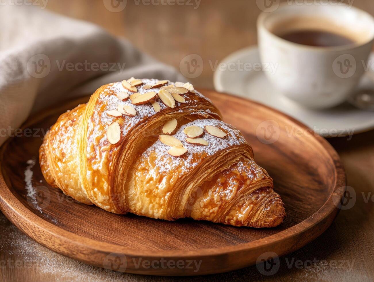 Freshly baked almond croissant served with coffee photo