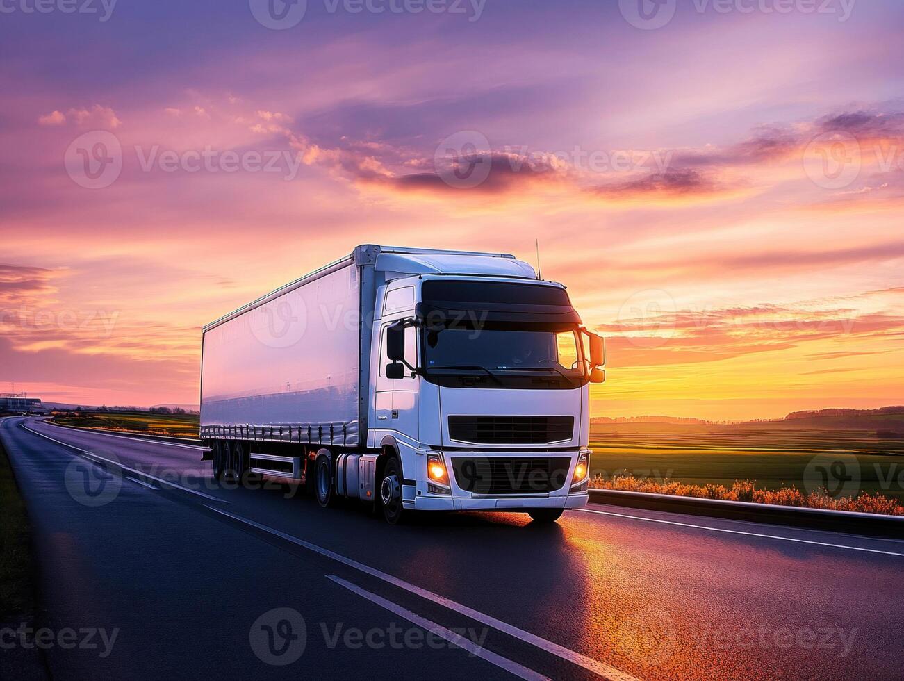Truck driving on a highway at sunset with vibrant sky colors photo