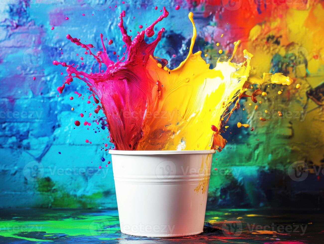 Colorful paint splashes from a bucket against a vibrant backdrop photo