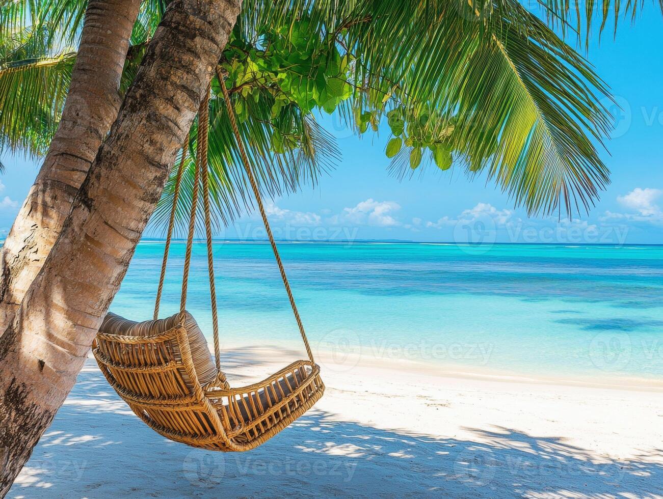 Relaxing swing under palm trees by the tranquil beach photo