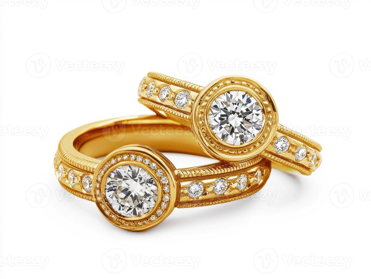 Elegant gold rings with sparkling diamonds displayed together photo