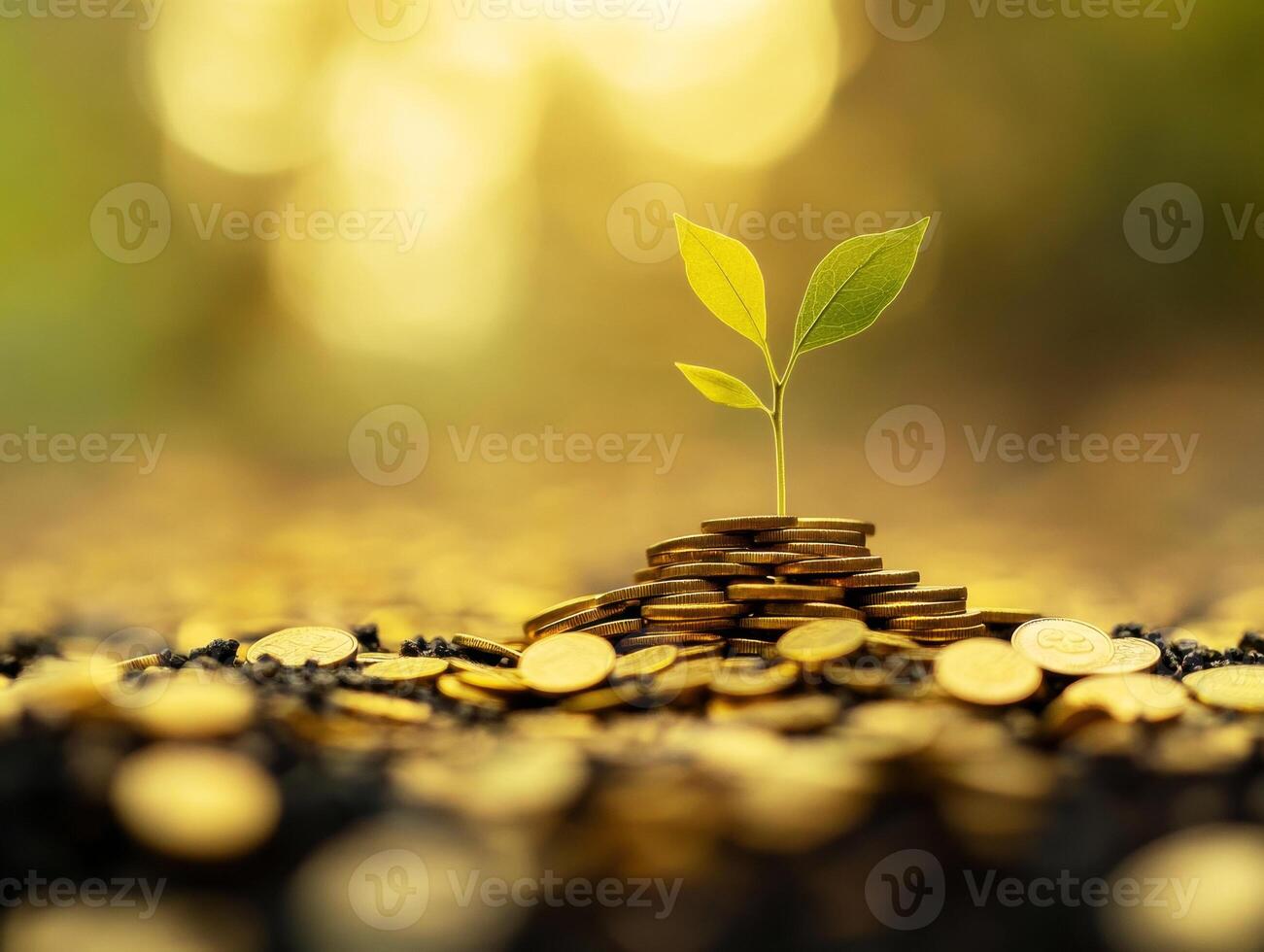 Growth of a plant on a pile of coins in sunlight photo