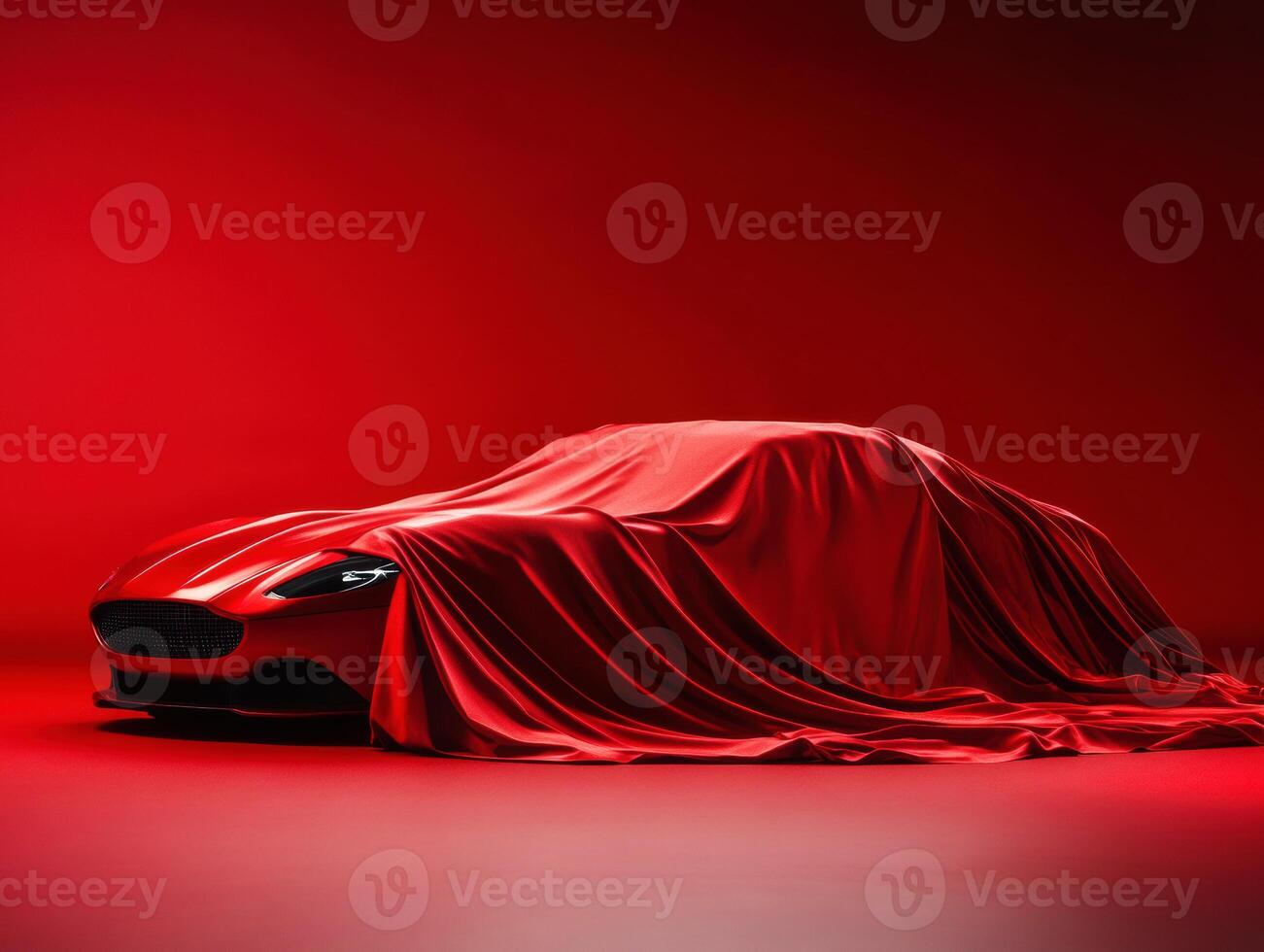 Exciting car reveal under a red velvet cover in a studio setting photo