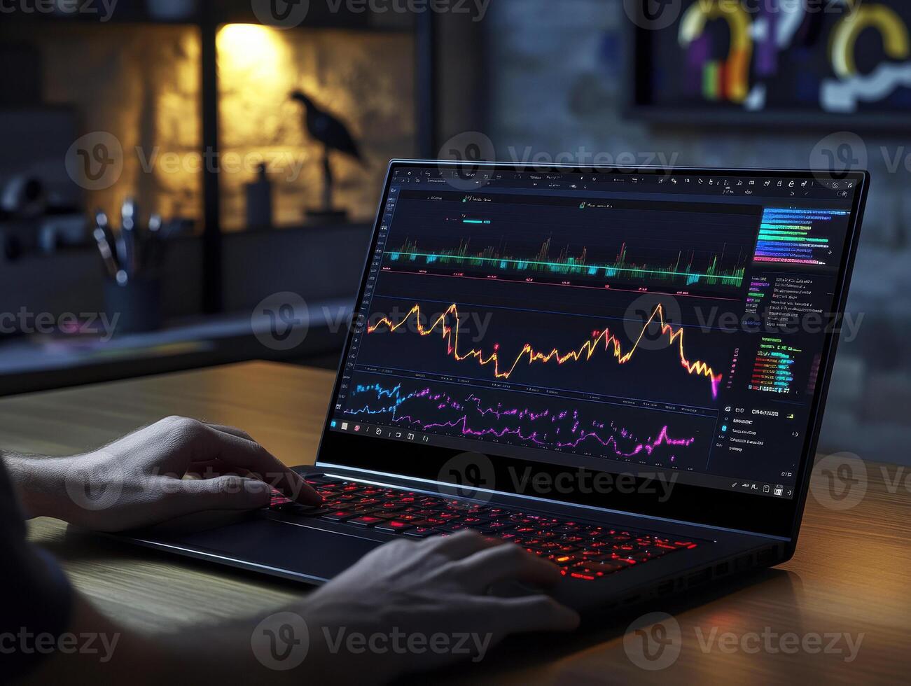 Analyzing data trends on a laptop in a modern workspace photo