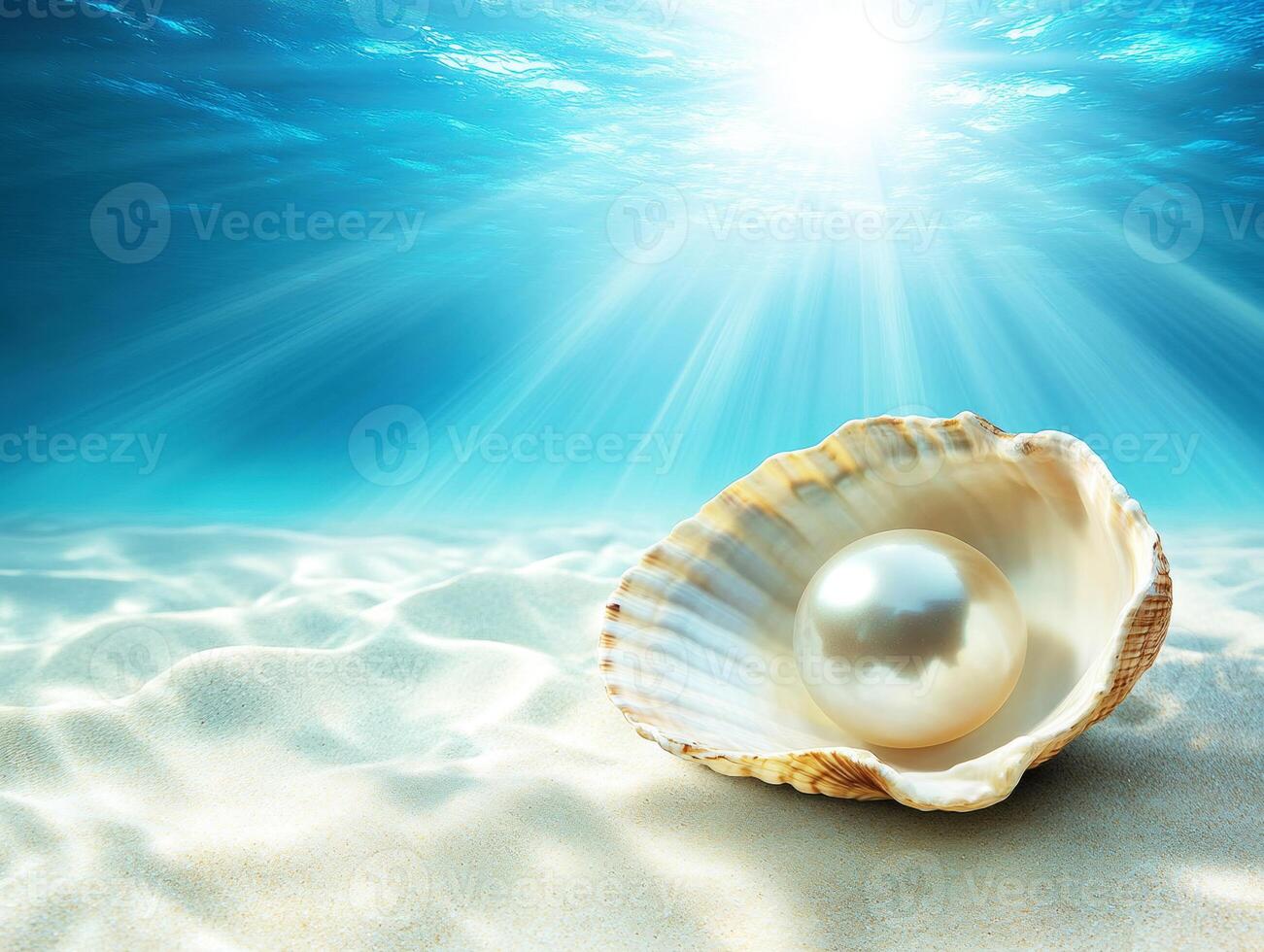Beautiful pearl resting in a shell on the ocean floor photo