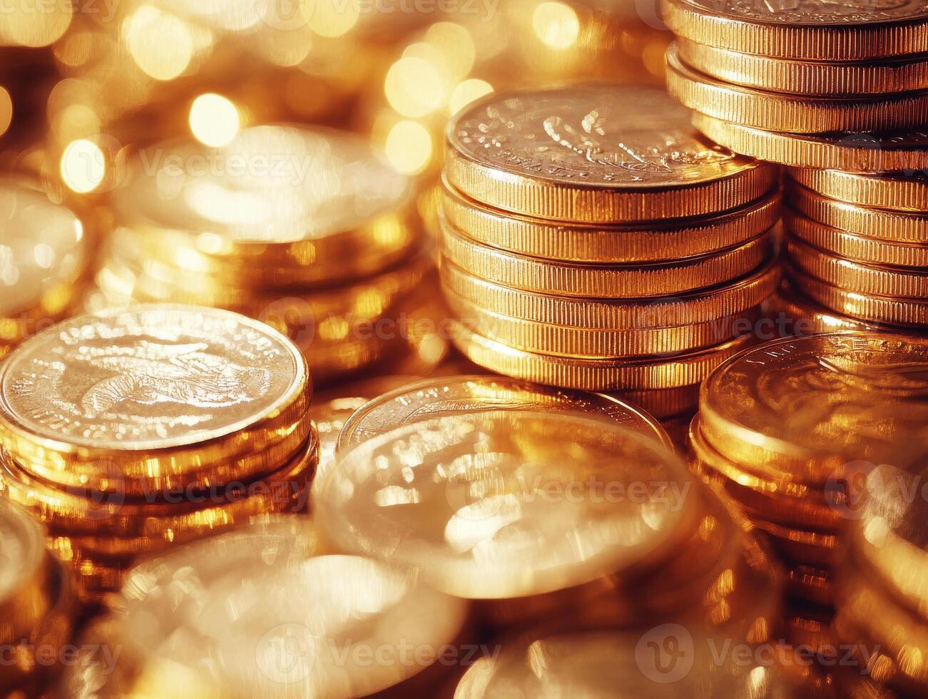 Stacks of golden coins shining under warm light in a close-up view photo